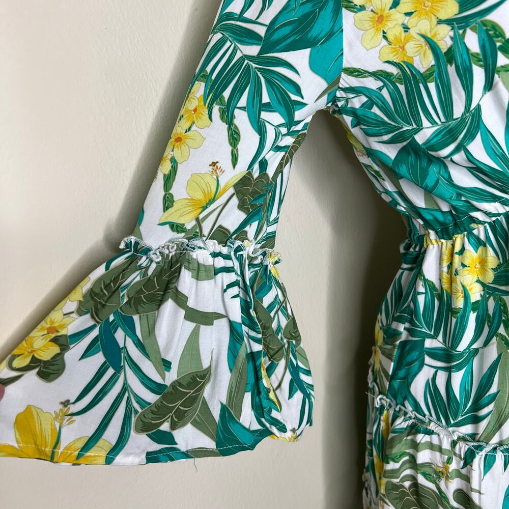 Blue Island Mini Dress SMALL Floral Tropical Plunge Hawaiian Bell Sleeve Resort - Picture 5 of 9